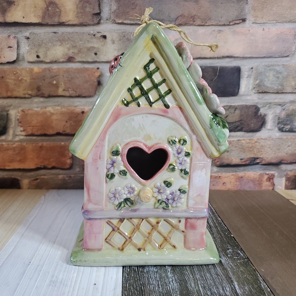 8" Glossy Multicolored Ceramic Birdhouse Flowers